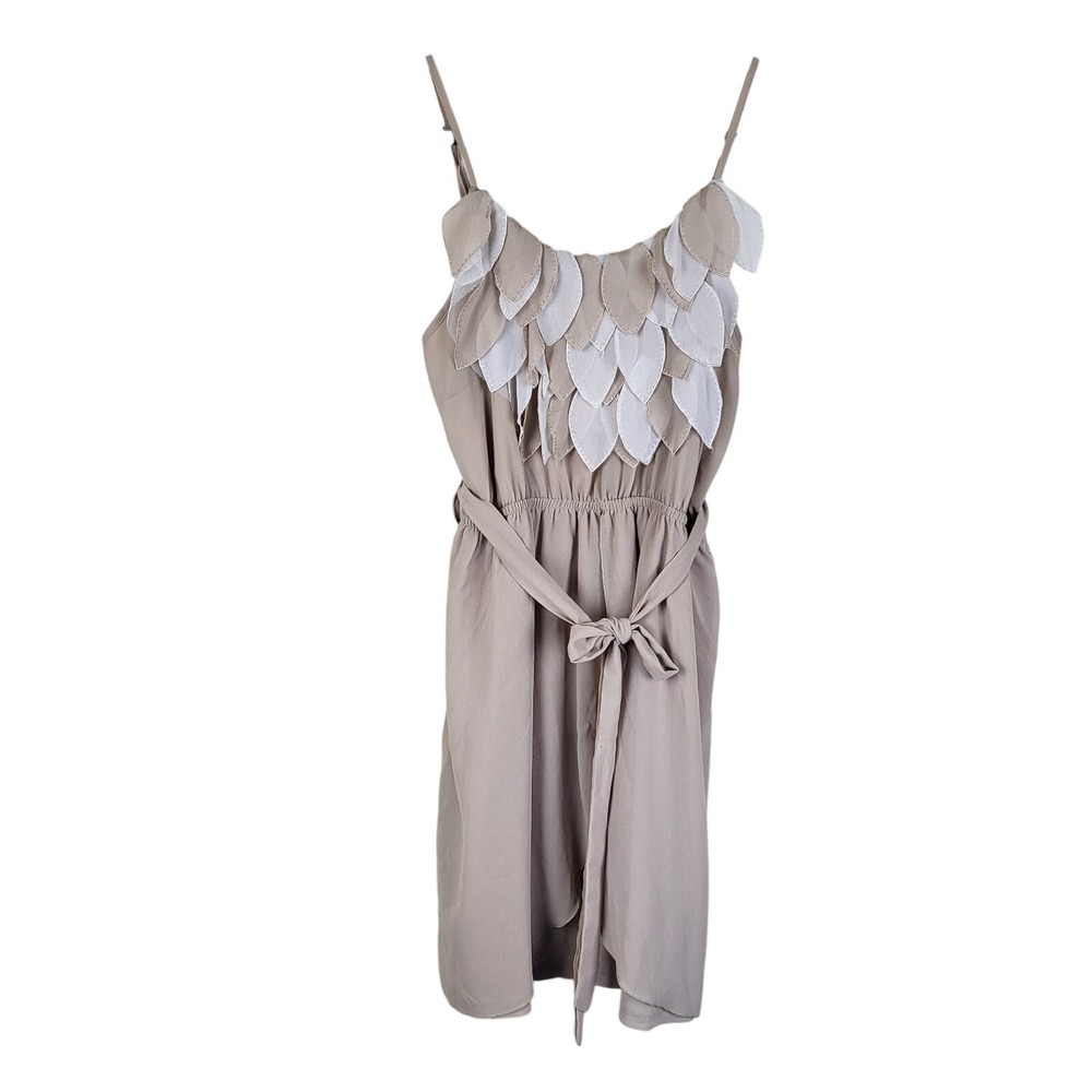Boho Fairy Petal Leaf Fringe Dress Women's Large Tan Mini Elastic Waist NWT